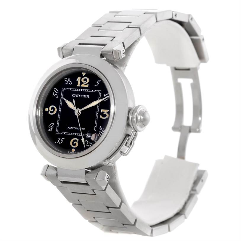 The Cartier Pasha W31043M7 Stainless Steel Black Dial W31043M7 Stainless Steel Black Dial watch is shown at an angle, highlighting its round face, crown, and metal bracelet.