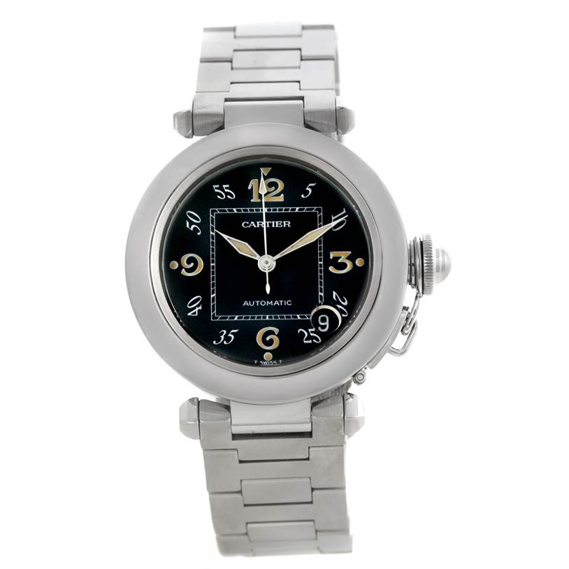 This image shows a front view of the Cartier Pasha W31043M7 Stainless Steel Black Dial W31043M7 Stainless Steel Black Dial watch, detailing its face, dial, hands, and part of the metal bracelet.