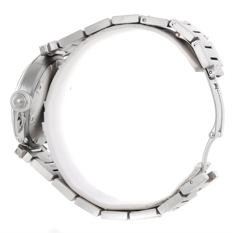 This image shows a side view of the Cartier Pasha W31043M7 Stainless Steel Black Dial W31043M7 Stainless Steel Black Dial watch, highlighting its bracelet and crown.