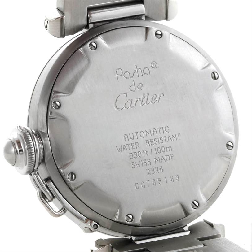 This image shows the back case of a Cartier Pasha W31043M7 Stainless Steel Black Dial W31043M7 Stainless Steel Black Dial watch, focusing on the inscription and water resistance details.