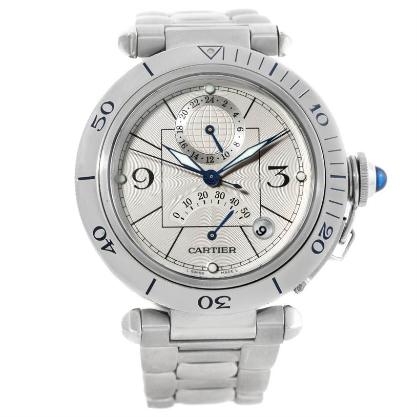 This image shows a front view of the Cartier Pasha W31037H3 Men
s Stainless Steel Silver Dial W31037H3 Men
s Stainless Steel Silver Dial model watch, featuring the dial, bezel, and stainless steel bracelet.