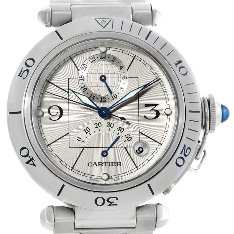 The image shows a front view of a Cartier Pasha W31037H3 Men
s Stainless Steel Silver Dial W31037H3 Men
s Stainless Steel Silver Dial watch, displaying the dial, bezel, and crown.