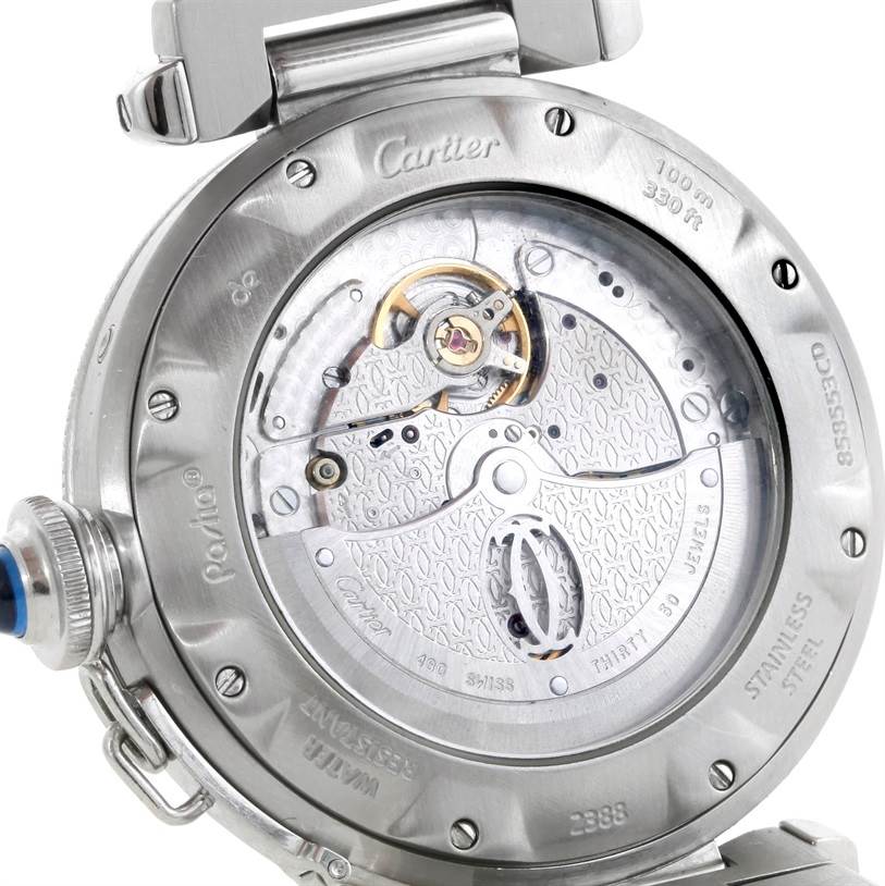 The image shows the back view of a Cartier Pasha W31037H3 Men
s Stainless Steel Silver Dial W31037H3 Men
s Stainless Steel Silver Dial watch, revealing its internal mechanical movement.