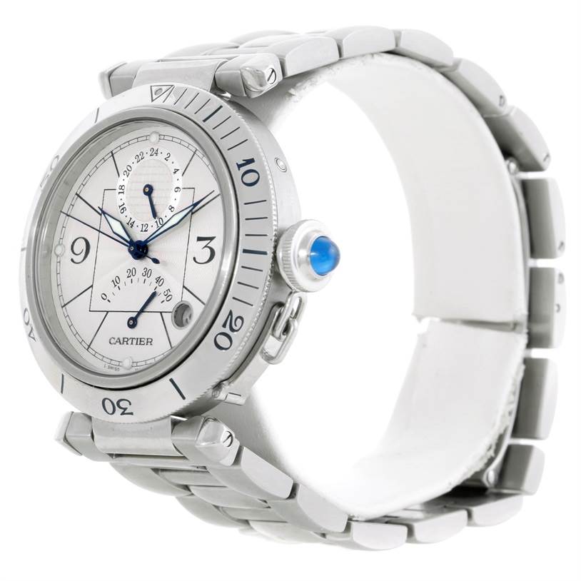 This image shows a Pasha model watch by Cartier at a side angle, highlighting the face, bezel, crown, and metal bracelet.
