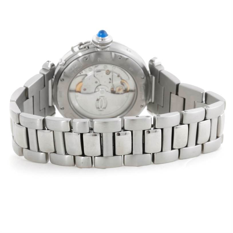 The image shows the back view of the Cartier Pasha W31037H3 Men
s Stainless Steel Silver Dial W31037H3 Men
s Stainless Steel Silver Dial watch, highlighting the metal bracelet and the transparent case back.