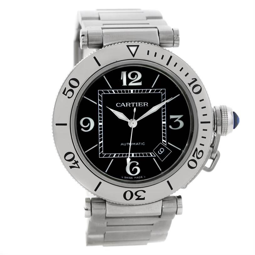 This image shows a front view of a Cartier Pasha W31077M7 Men
s Stainless Steel Black Dial W31077M7 Men
s Stainless Steel Black Dial model watch, highlighting its dial, bezel, and metal bracelet.