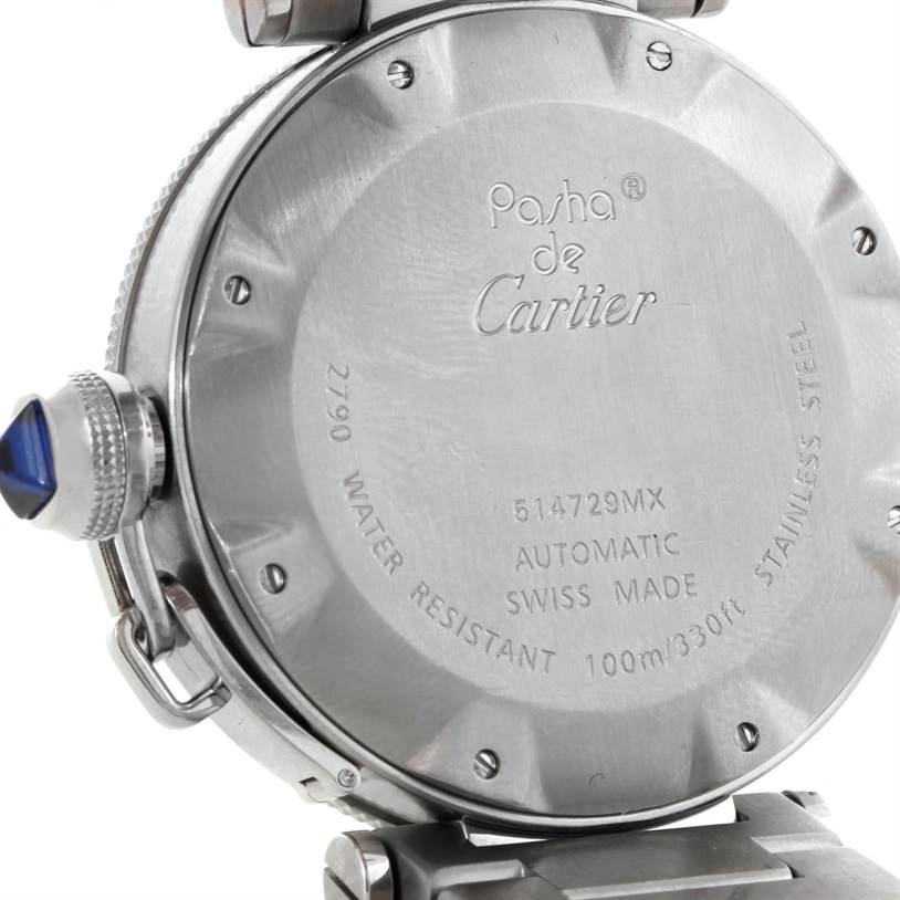 The image shows the back case and crown of the Cartier Pasha W31077M7 Men
s Stainless Steel Black Dial W31077M7 Men
s Stainless Steel Black Dial watch, highlighting the engravings and stainless steel material.