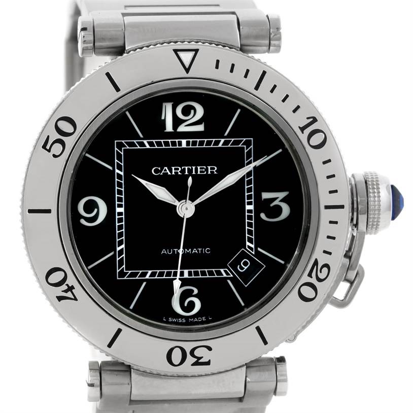 This image shows a close-up, front view of the Cartier Pasha W31077M7 Men
s Stainless Steel Black Dial W31077M7 Men
s Stainless Steel Black Dial watch, highlighting the dial, bezel, and part of the bracelet.