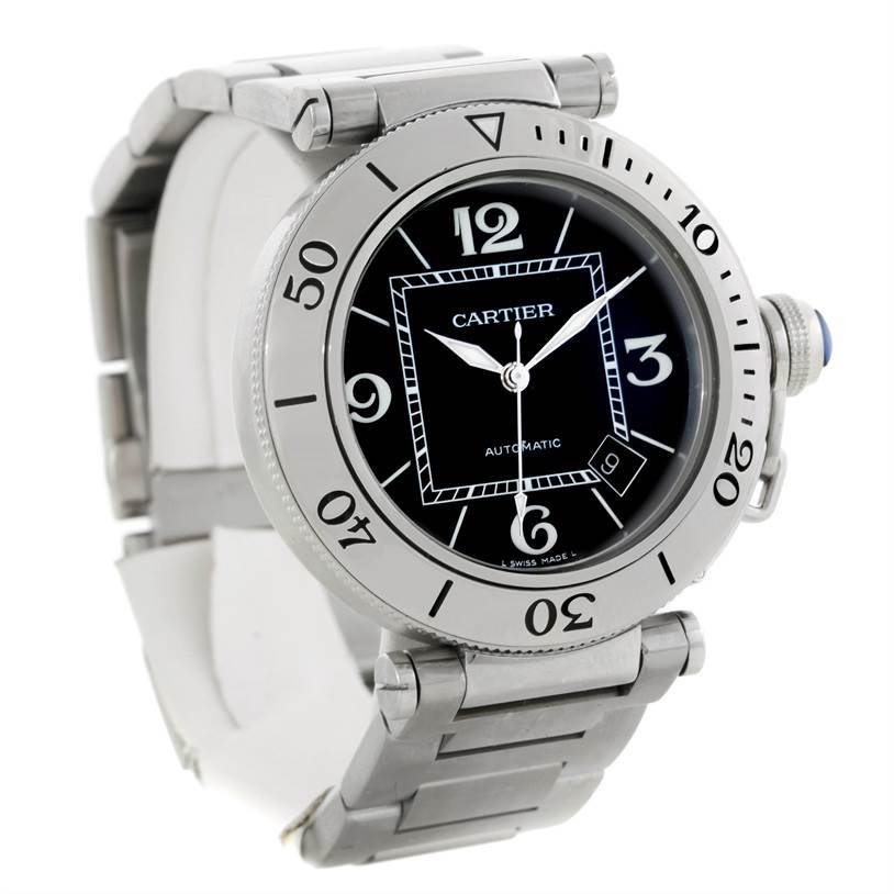 The Cartier Pasha W31077M7 Men
s Stainless Steel Black Dial W31077M7 Men
s Stainless Steel Black Dial watch is shown from an angled view, highlighting its face, bezel, and metal bracelet.