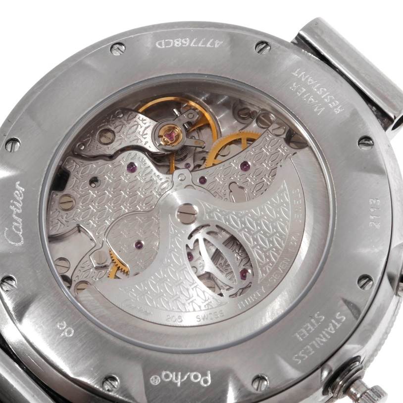 The image shows the back view of a Cartier Pasha W31030H3 Men's Stainless Steel Silver Dial W31030H3 Men's Stainless Steel Silver Dial watch, displaying its intricate internal movement and mechanics.