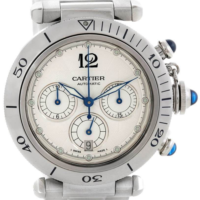 This image shows a frontal view of the Cartier Pasha W31030H3 Men's Stainless Steel Silver Dial W31030H3 Men's Stainless Steel Silver Dial watch, highlighting the dial, subdials, and blue-accented crown.