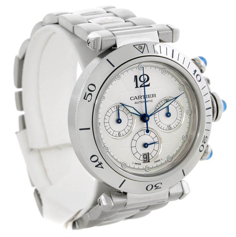 This image shows a Cartier Pasha W31030H3 Men's Stainless Steel Silver Dial W31030H3 Men's Stainless Steel Silver Dial watch from a three-quarter angle, highlighting its bezel, dial, chronograph subdials, and bracelet.
