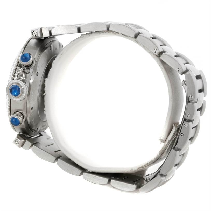 This image shows a side view of the Cartier Pasha W31030H3 Men's Stainless Steel Silver Dial W31030H3 Men's Stainless Steel Silver Dial watch, highlighting the pushers, crown, and bracelet.