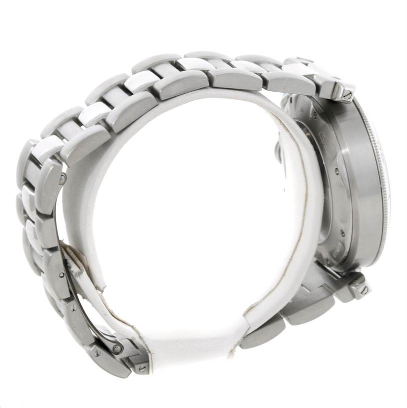 The image shows a side view of the Cartier Pasha W31030H3 Men's Stainless Steel Silver Dial W31030H3 Men's Stainless Steel Silver Dial watch, highlighting its metal bracelet and case back.