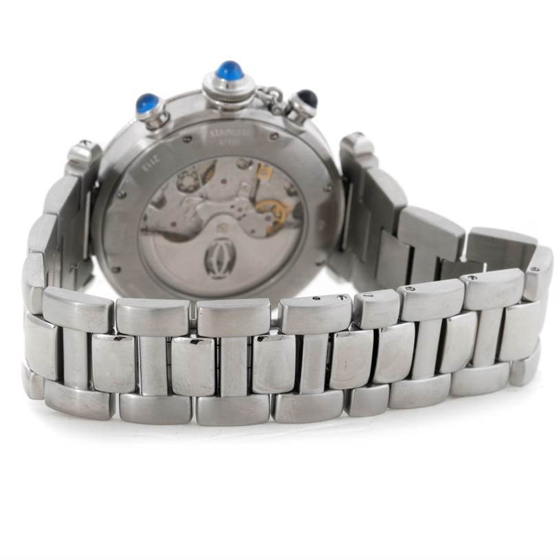 This image shows the back view of a Cartier Pasha W31030H3 Men's Stainless Steel Silver Dial W31030H3 Men's Stainless Steel Silver Dial watch, highlighting its metal bracelet and watch movement.