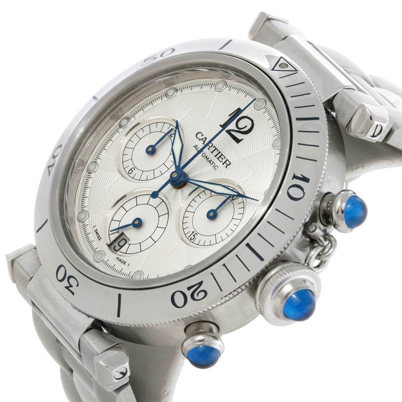 The image shows a close-up angle of the Cartier Pasha W31030H3 Men's Stainless Steel Silver Dial W31030H3 Men's Stainless Steel Silver Dial watch face, emphasizing its chronograph subdials, bezel, and crown.