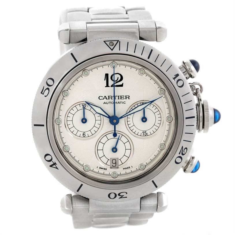 This image shows a frontal view of a Cartier Pasha W31030H3 Men's Stainless Steel Silver Dial W31030H3 Men's Stainless Steel Silver Dial model watch, including its dial, bezel, and part of the bracelet.