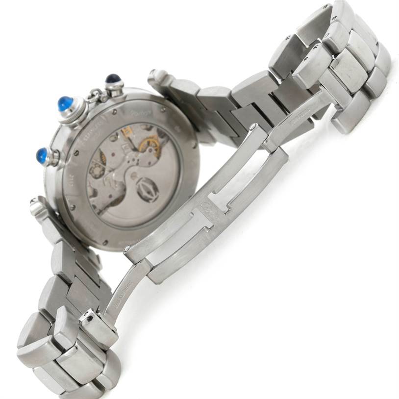 The image shows the back view of a Cartier Pasha W31030H3 Men's Stainless Steel Silver Dial W31030H3 Men's Stainless Steel Silver Dial watch, highlighting the open-case back and metallic bracelet with a folding clasp.