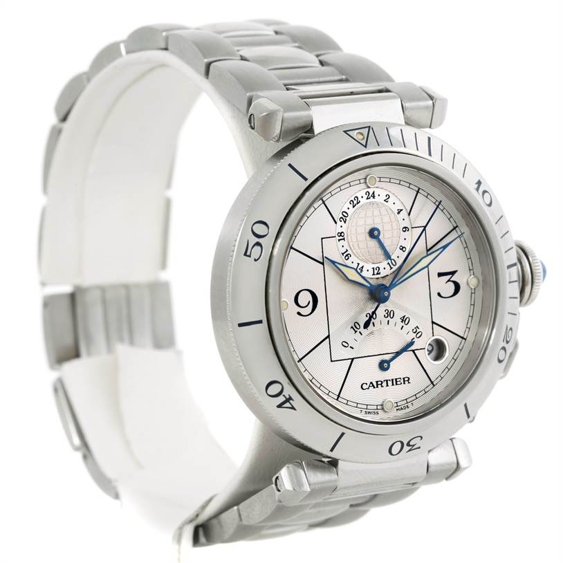 The Cartier Pasha W31037H3 Men
s Stainless Steel Silver Dial W31037H3 Men
s Stainless Steel Silver Dial watch is shown at a front-right angle, highlighting its face, bezel, and metal bracelet.