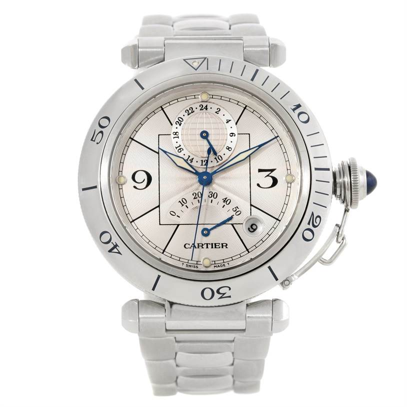 This Cartier Pasha W31037H3 Men
s Stainless Steel Silver Dial W31037H3 Men
s Stainless Steel Silver Dial watch model is shown from a front angle, displaying the face, dial, hands, and part of the metal bracelet.