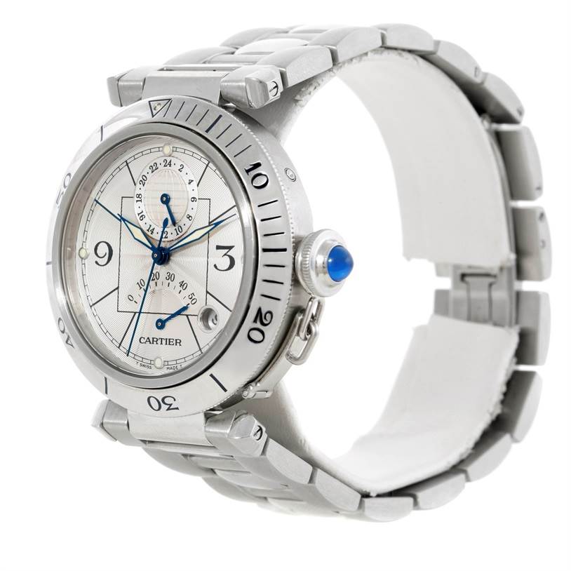 The image shows a Cartier Pasha W31037H3 Men
s Stainless Steel Silver Dial W31037H3 Men
s Stainless Steel Silver Dial watch at a three-quarter angle, showcasing its bezel, dial, crown, and bracelet.