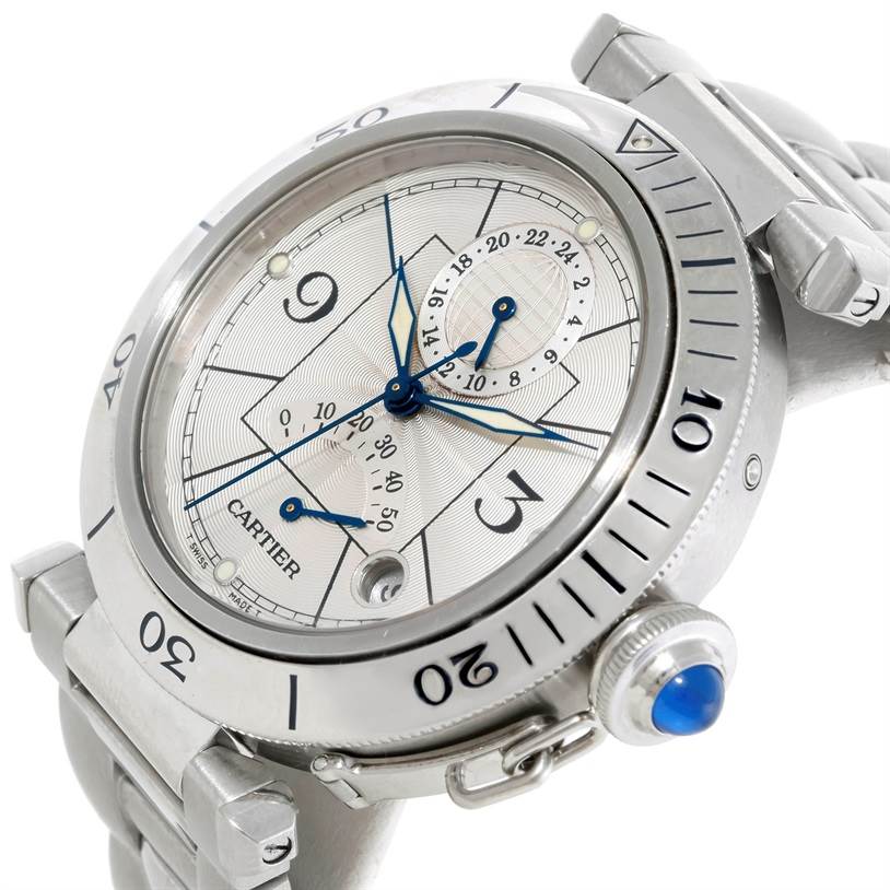 This image shows a close-up of the Cartier Pasha W31037H3 Men
s Stainless Steel Silver Dial W31037H3 Men
s Stainless Steel Silver Dial watch, highlighting its face, bezel, and crown from a tilted front angle.