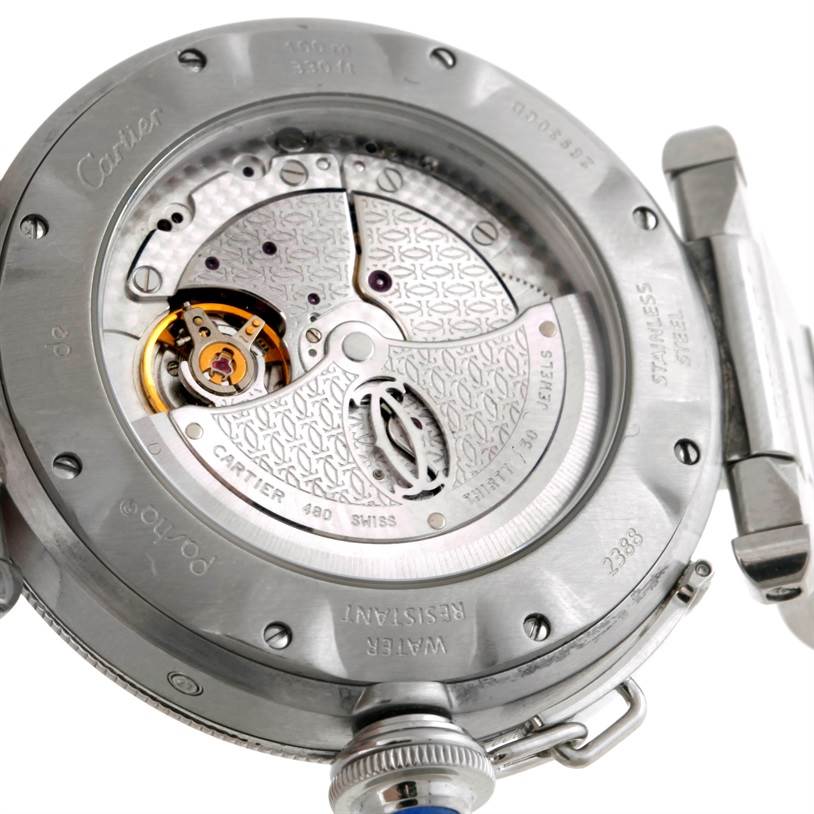 This image shows the back view of a Cartier Pasha W31037H3 Men
s Stainless Steel Silver Dial W31037H3 Men
s Stainless Steel Silver Dial watch, highlighting its intricate movement and internal components.