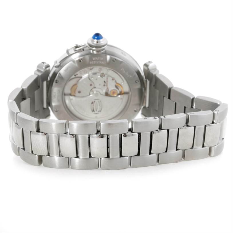 The image shows the back view of the Cartier Pasha W31037H3 Men
s Stainless Steel Silver Dial W31037H3 Men
s Stainless Steel Silver Dial watch, detailing the case back and metal bracelet.