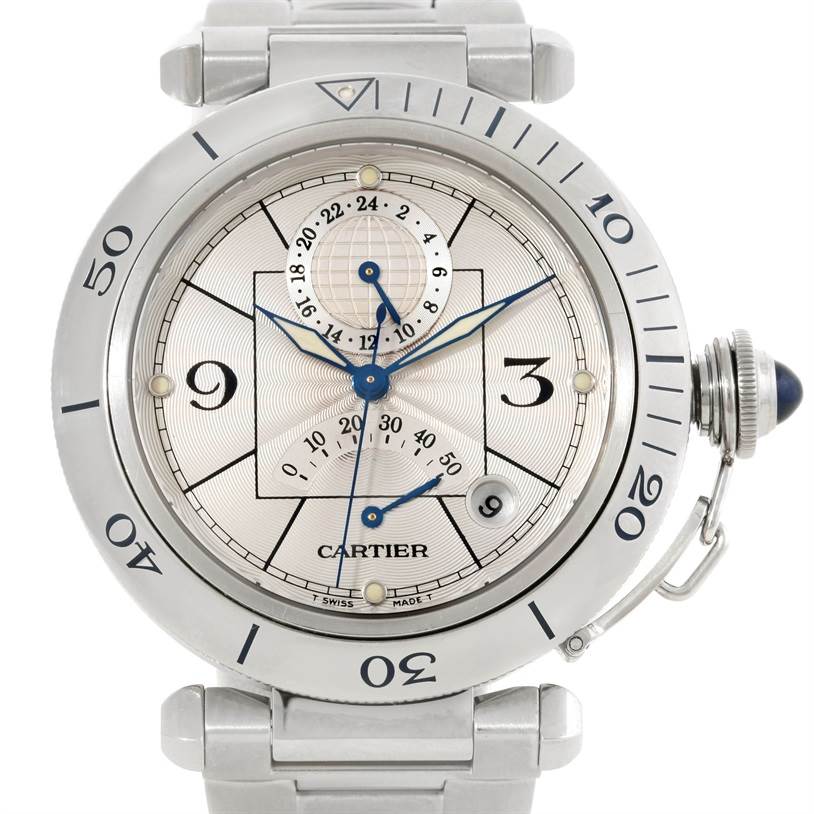 The image shows a front view of the Cartier Pasha W31037H3 Men
s Stainless Steel Silver Dial W31037H3 Men
s Stainless Steel Silver Dial watch, highlighting its face, bezel, and part of the bracelet.