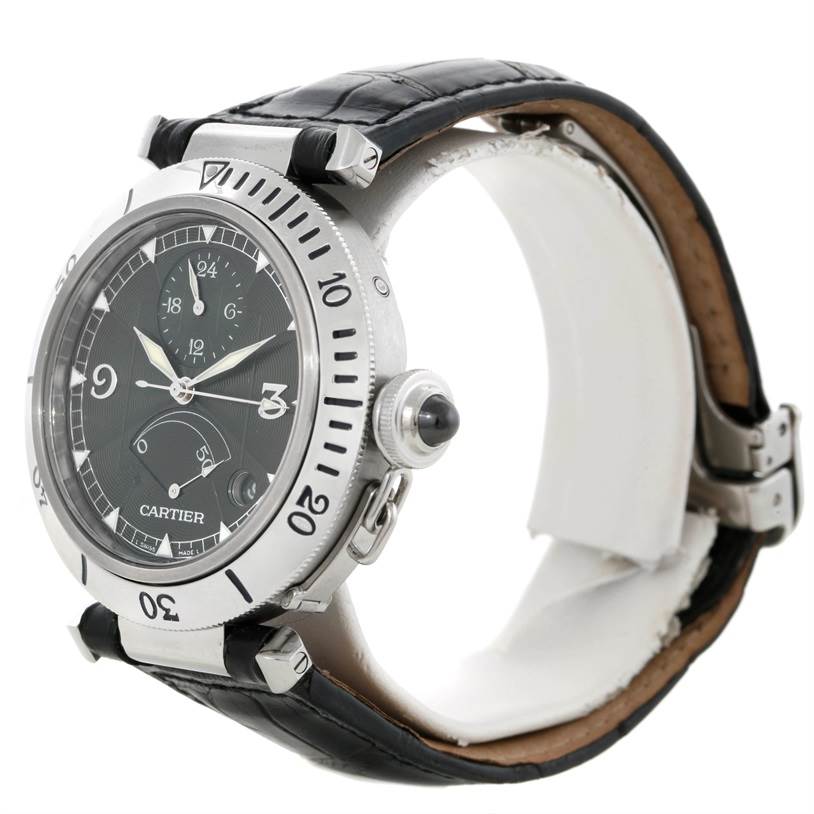 The image shows a Cartier Pasha W3105155PR Men's Stainless Steel Grey Dial W3105155PR Men's Stainless Steel Grey Dial watch at a right-side angle, highlighting the dial, bezel, and leather strap.