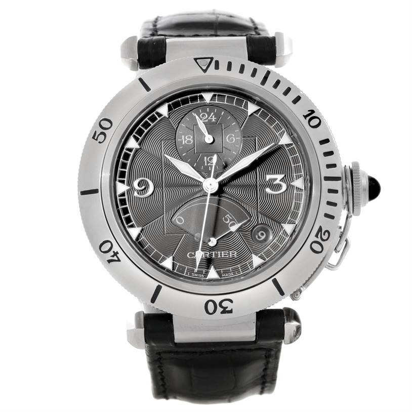 This image shows a front view of a Cartier Pasha W3105155PR Men's Stainless Steel Grey Dial W3105155PR Men's Stainless Steel Grey Dial watch displaying its face and leather strap.