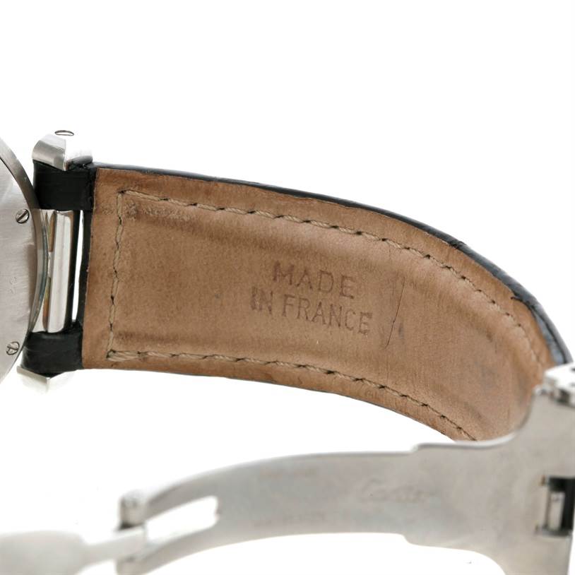 The image shows a side view of the leather strap and clasp of a Cartier Pasha W3105155PR Men's Stainless Steel Grey Dial W3105155PR Men's Stainless Steel Grey Dial watch.