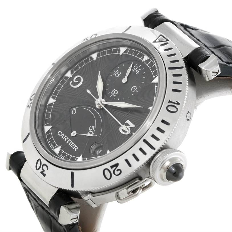 The image shows a Cartier Pasha W3105155PR Men's Stainless Steel Grey Dial W3105155PR Men's Stainless Steel Grey Dial model watch from an angled side view, highlighting the dial, bezel, and crown with strap details.