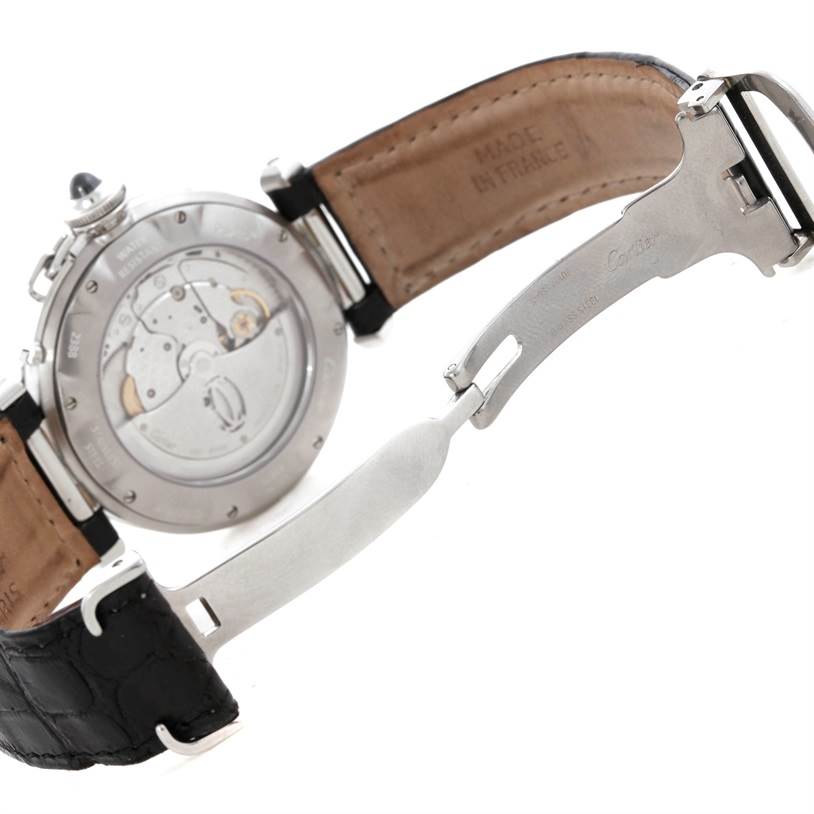 This image shows the back and inner mechanism of a Cartier Pasha W3105155PR Men's Stainless Steel Grey Dial W3105155PR Men's Stainless Steel Grey Dial watch, along with the strap and clasp.