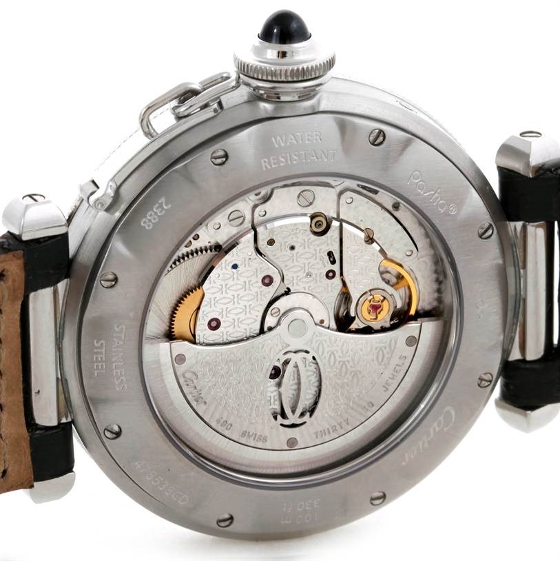 This image shows the back of the Cartier Pasha W3105155PR Men's Stainless Steel Grey Dial W3105155PR Men's Stainless Steel Grey Dial watch, highlighting its mechanical movement and internal components.