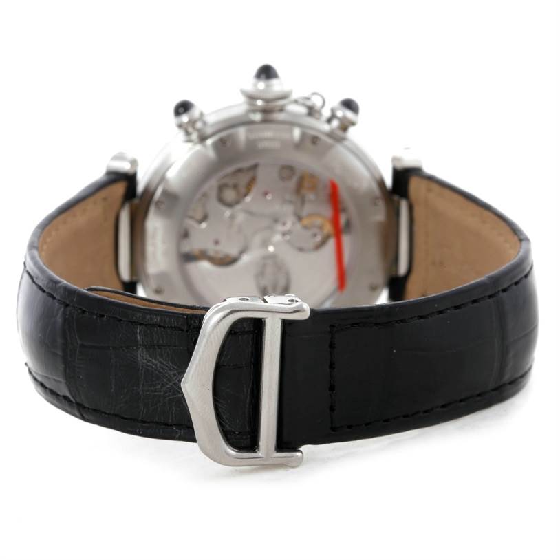 The image shows the back view of a Cartier Pasha W3105155 Men's Stainless Steel Grey Dial W3105155 Men's Stainless Steel Grey Dial watch, highlighting its leather strap and the watch's open case back with mechanisms.