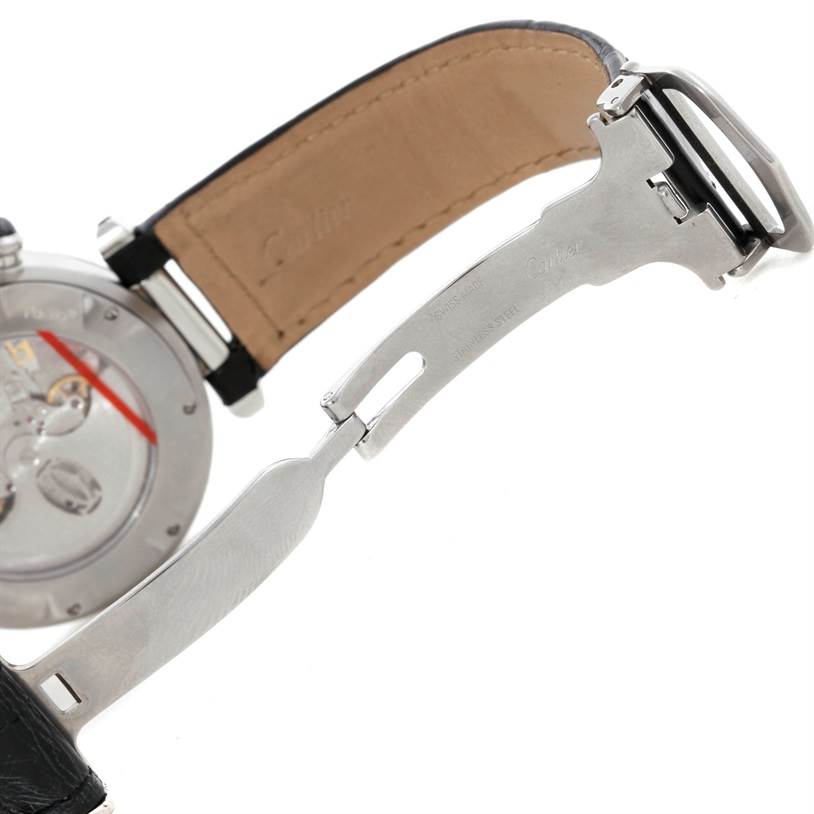 This image shows the reverse side and clasp of a Cartier Pasha W3105155 Men's Stainless Steel Grey Dial W3105155 Men's Stainless Steel Grey Dial watch with its leather strap partially open.