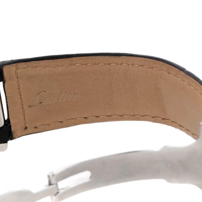 This image shows the inner leather side of a Cartier Pasha W3105155 Men's Stainless Steel Grey Dial W3105155 Men's Stainless Steel Grey Dial watch strap with a partial glimpse of the buckle.