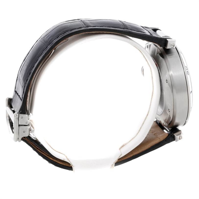 This image shows the side view of the Cartier Pasha W3105155 Men's Stainless Steel Grey Dial W3105155 Men's Stainless Steel Grey Dial watch, highlighting the black leather strap and metal buckle.