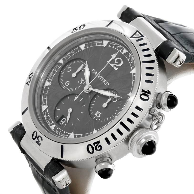 The Cartier Pasha W3105155 Men's Stainless Steel Grey Dial W3105155 Men's Stainless Steel Grey Dial watch is shown at an angled view, displaying the dial, chronograph subdials, bezel, and crown with cabochon accents.