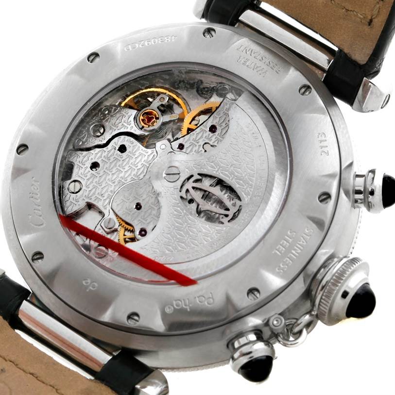 This is a close-up of the case back of a Cartier Pasha W3105155 Men's Stainless Steel Grey Dial W3105155 Men's Stainless Steel Grey Dial watch, showing the intricate movement and internal gears.