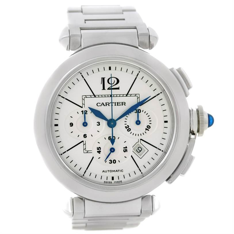 This image shows a front view of the Cartier Pasha W31085M7 Men's Stainless Steel Silver Dial W31085M7 Men's Stainless Steel Silver Dial watch, displaying its dial, subdials, and bracelet links.