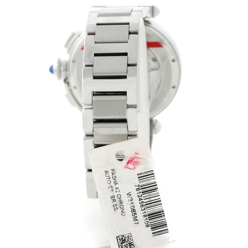 This image shows a side view of the strap and back case of a Cartier Pasha W31085M7 Men's Stainless Steel Silver Dial W31085M7 Men's Stainless Steel Silver Dial watch.