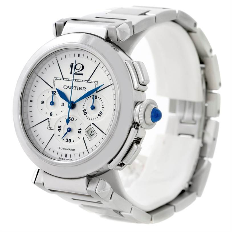 This image shows a side-angle view of a Cartier Pasha W31085M7 Men's Stainless Steel Silver Dial W31085M7 Men's Stainless Steel Silver Dial watch, highlighting its dial, chronograph, and bracelet.