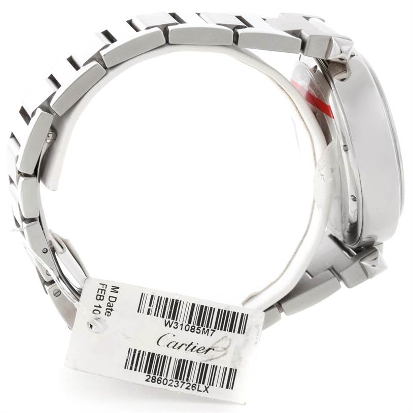 This image shows the side view of the Cartier Pasha W31085M7 Men's Stainless Steel Silver Dial W31085M7 Men's Stainless Steel Silver Dial watch, highlighting its metal bracelet and part of the watch face.