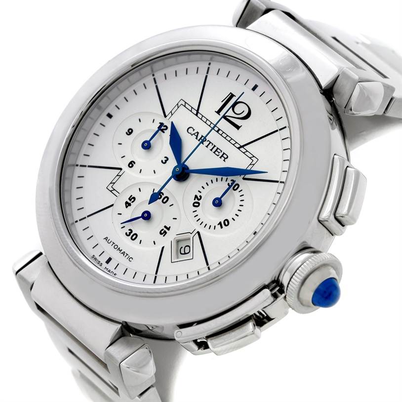 This image shows a close-up angle of the Cartier Pasha W31085M7 Men's Stainless Steel Silver Dial W31085M7 Men's Stainless Steel Silver Dial watch, highlighting its dial, chronographs, and crown.