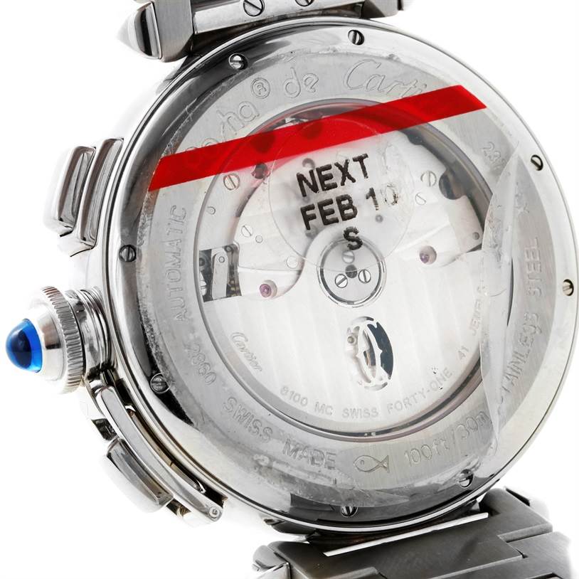 This is the back view of the Cartier Pasha W31085M7 Men's Stainless Steel Silver Dial W31085M7 Men's Stainless Steel Silver Dial model watch, showcasing its automatic movement and steel case.