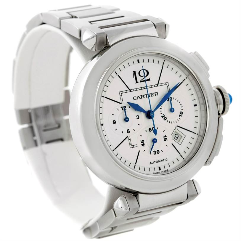 The Cartier Pasha W31085M7 Men's Stainless Steel Silver Dial W31085M7 Men's Stainless Steel Silver Dial watch is shown at a three-quarter angle, displaying its face, bezel, crown with a blue cabochon, and part of the bracelet.