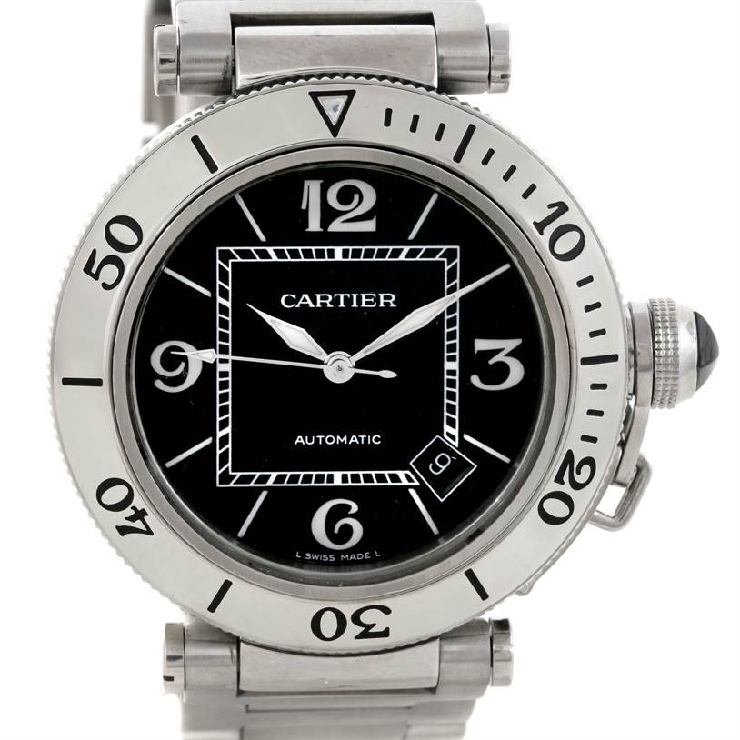 The image shows a Cartier Pasha W31077M7 Men's Stainless Steel Black Dial W31077M7 Men's Stainless Steel Black Dial watch from the front, highlighting the dial, bezel, and part of the stainless steel bracelet.