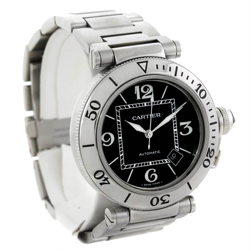 The image shows a Cartier Pasha W31077M7 Men's Stainless Steel Black Dial W31077M7 Men's Stainless Steel Black Dial watch angled to display its face, bezel, and part of the bracelet.